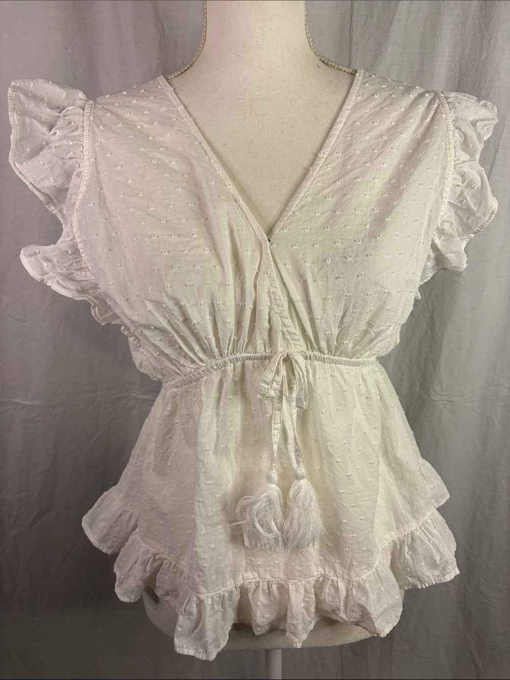 Hale Bob White Swiss Dot Peplum Tie-Front Boho Cottage Core Romantic Blouse